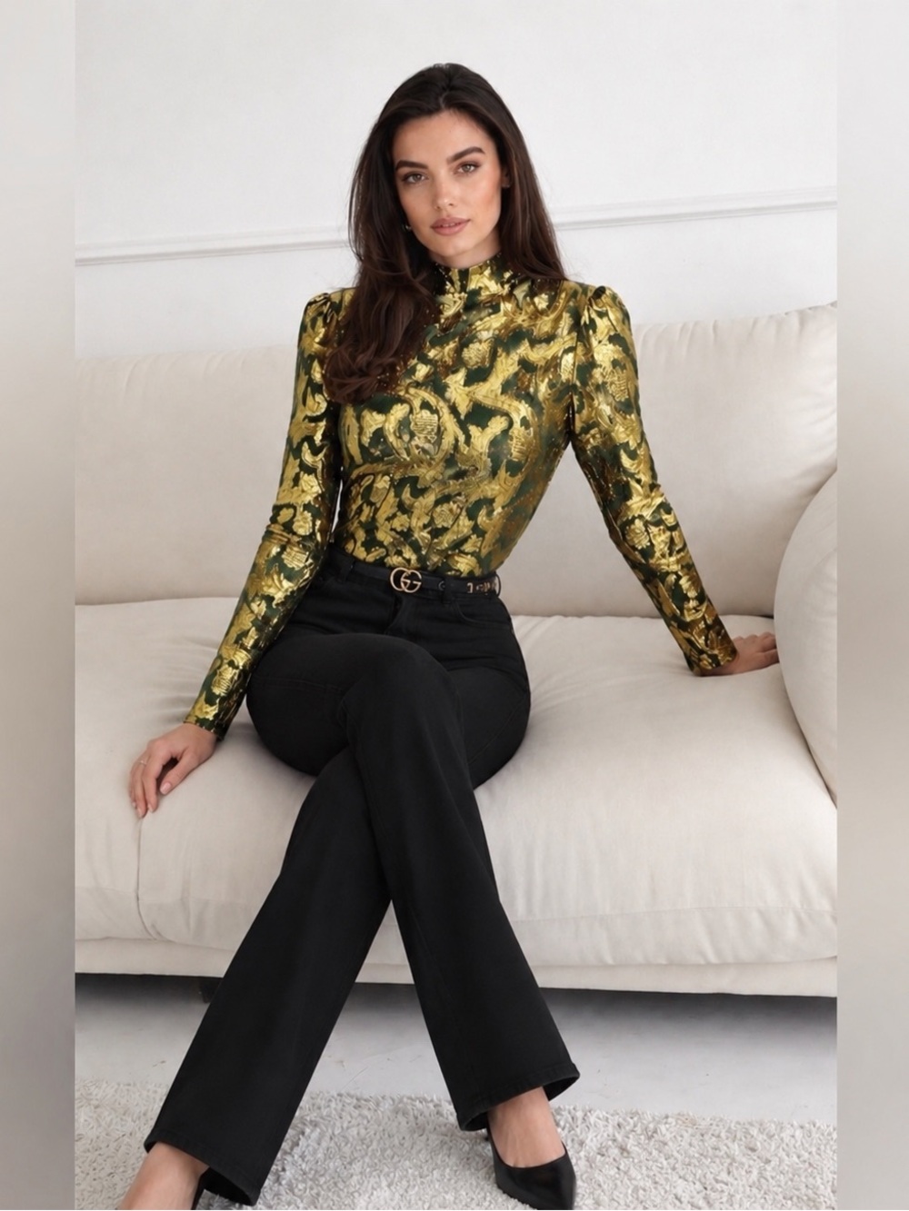 Hobby Horse Gold Leaf and Green Patterned Dressy Bodysuit Vintage M L